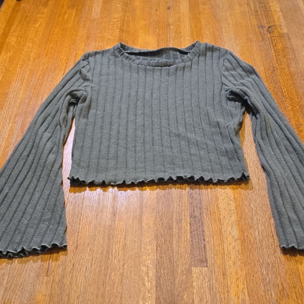 SHEIN Women Small Olive Green Ribbed Long Bell Sleeve Round Neck Ruffle Crop Top